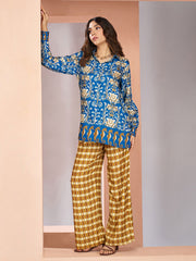 Blue And Yellow Digital Printed Silk Co-Ord Set
