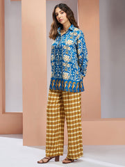 Blue And Yellow Digital Printed Silk Co-Ord Set