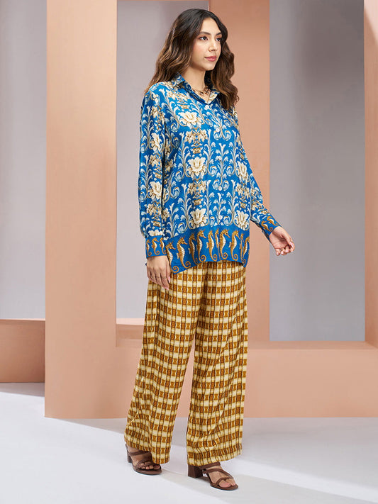 Blue And Yellow Digital Printed Silk Co-Ord Set
