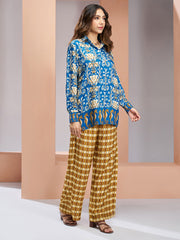 Blue And Yellow Digital Printed Silk Co-Ord Set