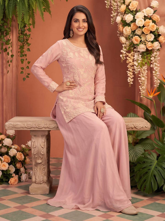 Premium Chinnon Pink Beads Embroidered Sharara Suit