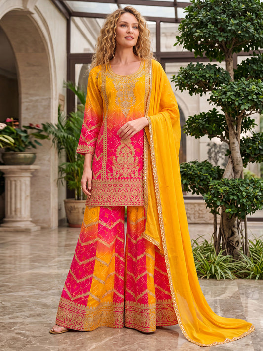 Yellow Chinon Heavy Embroiderd Kalidar Palazzo Suit