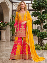 Yellow Chinon Heavy Embroiderd Kalidar Palazzo Suit