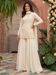 Premium Chinnon White Beads Embroidered Sharara Suit