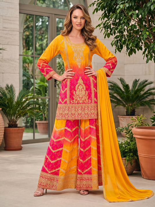 Yellow Chinon Heavy Embroiderd Kalidar Palazzo Suit