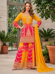 Yellow Chinon Heavy Embroiderd Kalidar Palazzo Suit