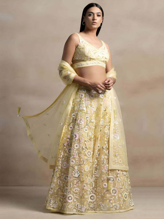 Yellow Sequins Net Designer Lehenga Choli With Dupatta