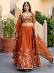 Orange Rangoli Silk Zari and Threads Festive Lehenga Choli