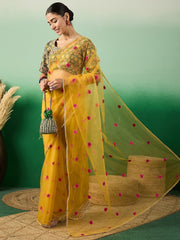 Yellow Floral Embroidered Saree With Brocade Blouse Piece