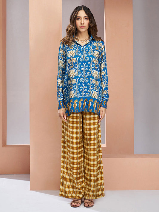 Blue And Yellow Digital Printed Silk Co-Ord Set