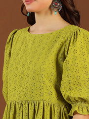 Green Chikankari Embroidered Cotton Midi Ethnic Dress