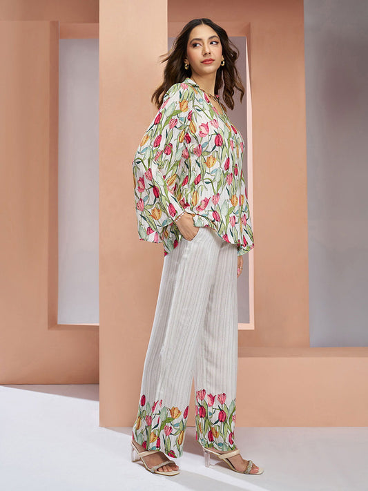 White Multi Digital Printed Silk Co-Ord Set