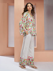 White Multi Digital Printed Silk Co-Ord Set