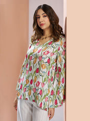 White Multi Digital Printed Silk Co-Ord Set