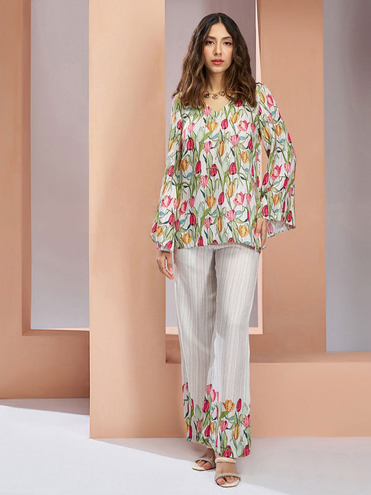 White Multi Digital Printed Silk Co-Ord Set