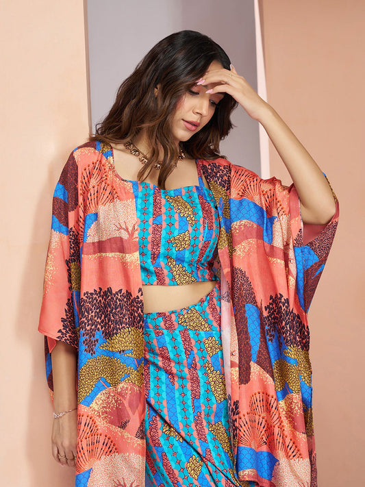 Blue And Peach Digital Printed Silk Co-Ord Set