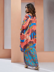 Blue And Peach Digital Printed Silk Co-Ord Set