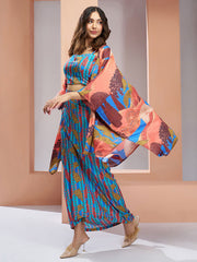 Blue And Peach Digital Printed Silk Co-Ord Set