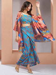 Blue And Peach Digital Printed Silk Co-Ord Set