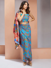 Blue And Peach Digital Printed Silk Co-Ord Set