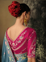 Rama Blue Khatli Work Embroidered Designer Wedding Saree