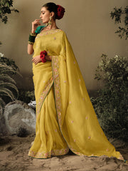 Maize Yellow Khatli Work Embroidered Designer Wedding Saree