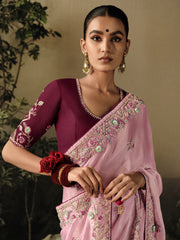 Rose Pink Khatli Work Embroidered Designer Wedding Saree