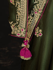 Olive Green Embroidered Silk Mehendi Wear Saree