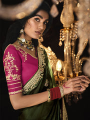 Olive Green Embroidered Silk Mehendi Wear Saree