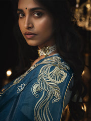 Blue Embroidered Silk Festival Wear Saree With Blouse