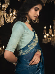 Blue Embroidered Silk Festival Wear Saree With Blouse