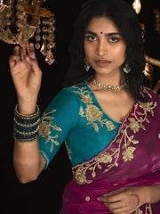 Rani Pink Embroidered Silk Event Wear Saree With Blouse