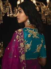 Rani Pink Embroidered Silk Event Wear Saree With Blouse