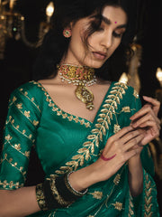 Teal Green Embroidered Silk Wedding Saree With Blouse