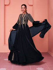 Navy Blue Georgette Partywear High-Slit-Style-Suit with Skirt