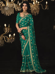 Teal Green Embroidered Silk Wedding Saree With Blouse