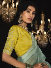 Sky-Blue Sequins Silk Saree Function Wear With Blouse