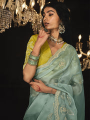 Sky-Blue Sequins Silk Saree Function Wear With Blouse