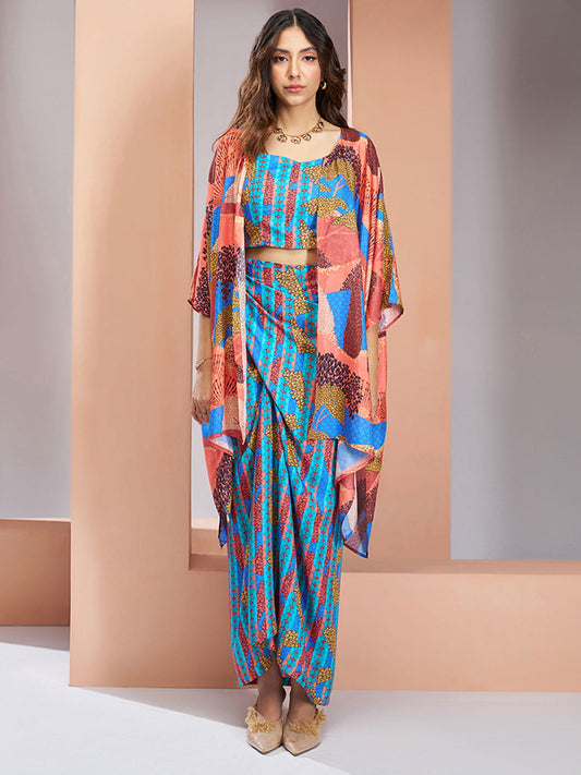 Blue And Peach Digital Printed Silk Co-Ord Set