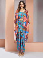 Blue And Peach Digital Printed Silk Co-Ord Set