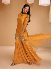 Mustard Organza Embroidered Sharara-Style-Suit