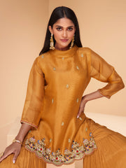 Mustard Organza Embroidered Sharara-Style-Suit