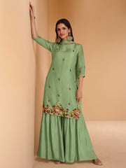 Sage Green Organza Embroidered Sharara-Style-Suit
