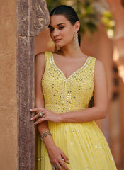 Yellow Lucknowi Foil Mirror Work Embroidery Anarkali Gown Suit
