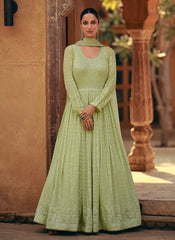 Light Green Lucknowi Embroidery Anarkali Gown Suit