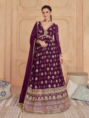 Wine Multi Thread And Sequence Embroidery Anarkali Gown