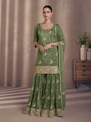 Leaf Green All Over Sequence Embroidery Designer Sharara Suit