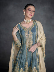 Sky Blue Reshamkari Embroidery Anarkali Afghani Suit