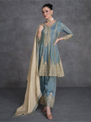 Sky Blue Reshamkari Embroidery Anarkali Afghani Suit