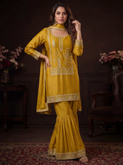 Mustard Satin Silk Embroidered Gharara Style Dress